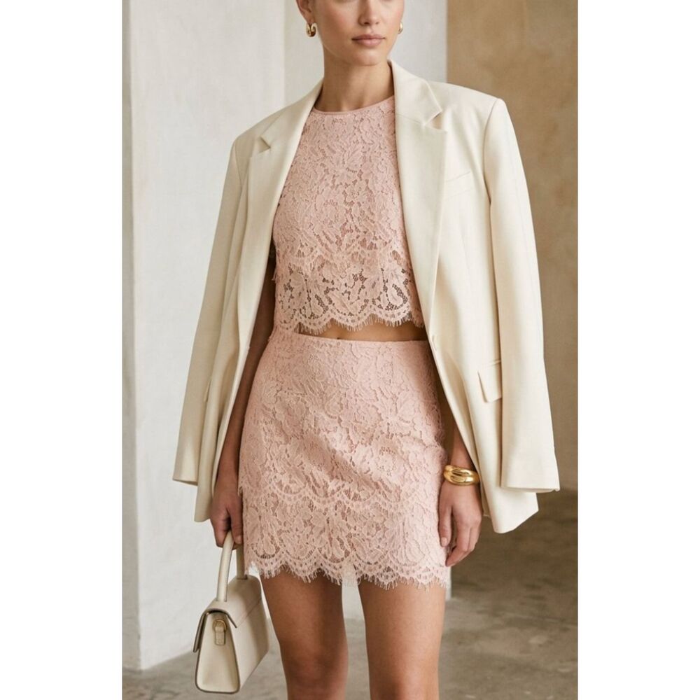 Lulus Turn Back Time Blush Pink Lace Two Piece “Dress” Crop Top Skirt Set Size M